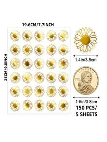 30/150pcs Gold Foil Sunflower Stickers - Self-Adhesive Envelope Seals, Vibrant Floral Labels For Invitations, Gift Wrapping, Birthday Party Decor - Spring/Summer Craft, Invitation Accessories | Elegant Envelope Seals | Shiny Gloss - Sunflower Stickers - View 4