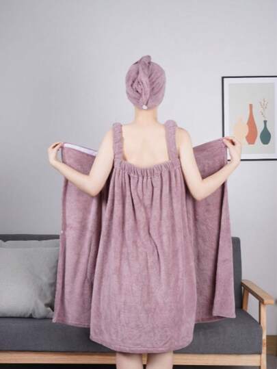 Bộ khăn tắm phòng tắm gồm một áo choàng tắm và một mũ tắm, chất liệu lông cừu san hô, có khuy cài ma thuật.