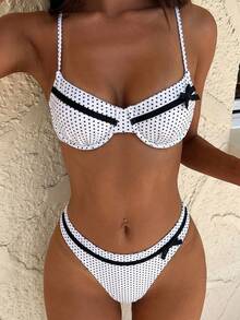Bộ bikini nữ kiểu dáng mới, cúp ngực mềm, có gọng, họa tiết chấm bi, dây đeo điều chỉnh được, lưng chéo, thích hợp cho mùa hè, đi biển hoặc nghỉ mát. Màu trắng. - trắng - Xem 1