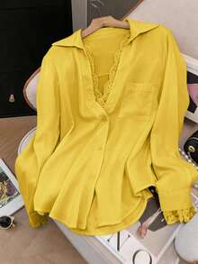 Elegant White Semi-Sheer Blouse, V-Neck Long Sleeve, Decorated With Delicate Contrast Lace Trim Spring - Yellow - View 6
