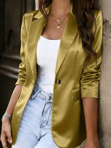 Áo khoác nữ thanh lịch, cổ ve áo bóng bẩy, cài khuy, tay dài, dáng regular fit, chất liệu vải dệt. - Màu xanh Ô liu - Xem 2