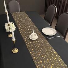 Gold Sequin Star Table Runner, Elegant Transparent Chiffon Sheer Table Cloth, Suitable For Wedding, Birthday, Valentine's Day, Graduation, Christmas Party Table Decor - Gold - View 8