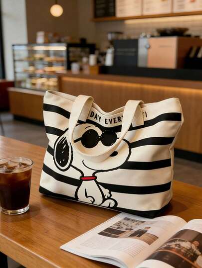 SNOOPY 1个条纹帆布手提袋，大容量多功能单肩包，适合日常通勤和旅行，是节日和开学季的理想礼物