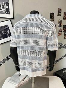 Men's Hollow Out Semi-Sheer Striped Knit Short Sleeve Polo Shirt, Comfortable Breathable Lightweight Knit Top For Casual Wear, Suitable For Vacation And Valentine's Day - 彩色 - 查看 8