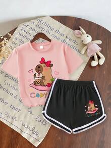 2pcs/Set Teenage Girls Casual Creative Cute Capybara Print T-Shirt + Shorts Summer Vacation Outfit - Multicolor - View 2