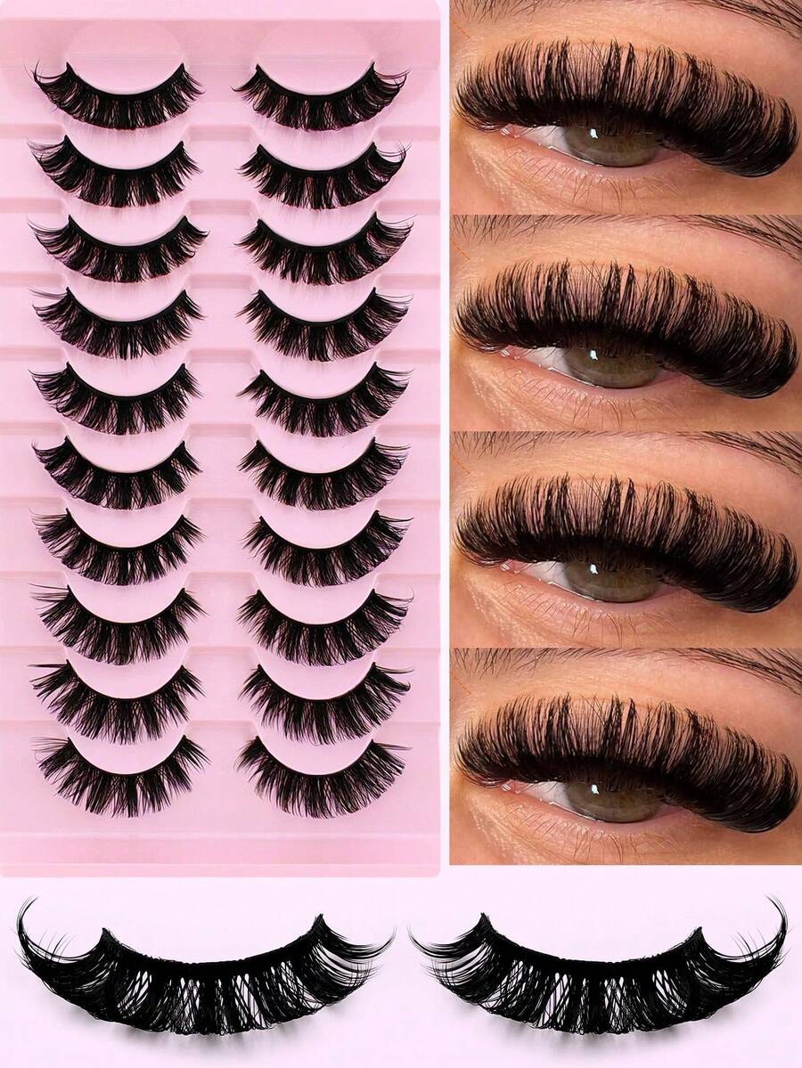 10 Pairs D Curl Russian Style False Eyelashes, Cat Eye Effect, Natural Fluffy Faux Mink Lashes, Thick And Long, Create Charming Lifted Eye Makeup - Black - View 1