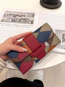 Women's Fashion Clutch Bag, PU Leather Patchwork Embossed Pattern Card Holder, Retro Minimalist Anti-Theft Tri-Fold Large Capacity Multi-Card Wallet Festival Graduation Teacher Appreciation Gifts Gift - Burgundy - View 7