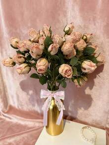 9pcs Artificial Pink Rose Flowers, 7pcs Rose Heads + Green Plastic Plants, Romantic Style Home Floral Gifts Suitable For Ladies, Mothers, Various Occasions, Includes Stamens, DIY, Party Favors, Bridesmaid Gifts, Home Decor, Dried Roses, Multi-Color Options, 7pcs Small Roses, Green Artificial Plants, Bohemian Autumn Farm Style Rose Bouquet, Valentine's Day Decorative Flowers - Pink - View 7