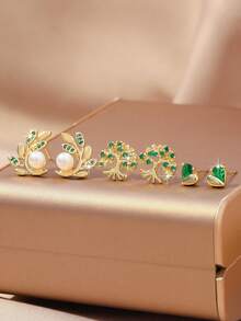 Bộ 6 chiếc bông tai sang trọng đính đá Zirconia xanh lấp lánh hình lá và trái tim, không gây dị ứng, trang sức thanh lịch, quà tặng dành cho nữ, bông tai vàng quyến rũ, phù hợp với mọi trang phục hàng ngày. - Vàng - Xem 1