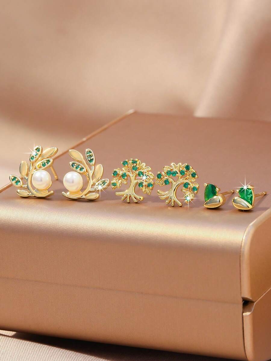 Bộ 6 chiếc bông tai sang trọng đính đá Zirconia xanh lấp lánh hình lá và trái tim, không gây dị ứng, trang sức thanh lịch, quà tặng dành cho nữ, bông tai vàng quyến rũ, phù hợp với mọi trang phục hàng ngày. - Vàng - Xem 1