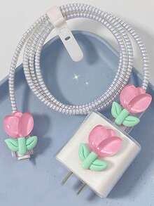 Flower Design Charging Cable Protector Case Compatible With IPhone 14/15/16, 20W Charger Head - Multicolor - View 1
