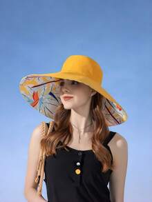 Sombrero de cubo reversible con ala ancha, sombrero de sol estampado para mujer para primavera/verano, versátil y con protección UV a la moda, para playa, vacaciones, días festivos, viajes - Sombrero reversible de ala grande para el sol. - Ver 10