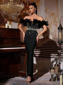 Vestido ajustado con escote hombros descubiertos, espalda descubierta y cordones, con detalles de encaje y perlas con efecto de plumas, elegante para invitadas de boda Vestido - Negro - Ver 1