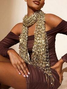 Golden Sparkle Fringe Scarf Party,School - 金子 - 查看 6