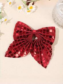 1pc Women's Glitter Bow Hair Clip, Shiny Grid Pattern Hair Barrette, Cute Party Performance Hair Accessory - Multicolor - View 8