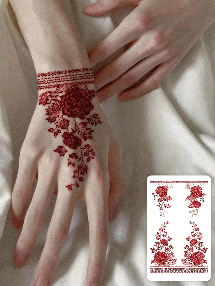 1pc Temporary Tattoo Sticker 7-14 Days Herbal Long-Lasting Tattoo Sticker, Minimalist Style Hand Abstract Mysterious Pattern Wrist Red Rose Tattoo Sticker, Personalized Cool Herbal Tattoo Sticker, Washable Temporary Tattoo Sticker PVC Personalized Fashion Tattoo Sticker Suitable For People - Red - View 1