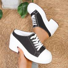 1 Pair Minimalist Solid Color Sweet Chunky Heel Mule Slippers, Closed Toe Design, High Heel Slimming, Lace-Up Closure Fits Foot Shape, Soft Sole Shock-Absorbing, Suitable For Dates And Commuting, Easy To Match In Spring And Summer - Black - View 5