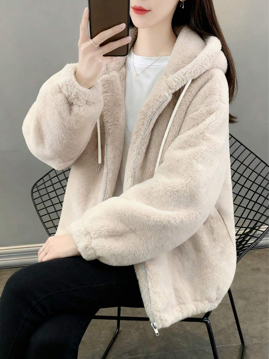 ACE4211 Solid Color Fleece Zip-Up Long Sleeve Hooded Drawstring Fleece Jacket, Daily Wear For Winter - Apricot - View 1