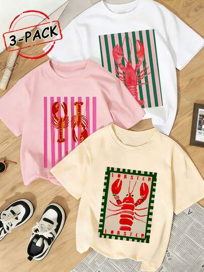 3 pièces T-shirt à manches courtes col rond pour femmes, motif à rayures verticales avec imprimé homard, convient pour les vacances, le bureau, la sortie, le quotidien, les rendez-vous, les fêtes, les rassemblements, la rue, le carnaval, les festivals de musique, la Saint-Valentin, les occasions festives