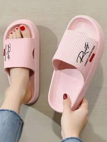 3CM Thick Sole Men's Striped Letter Fashion Slippers, EVA Material Anti-Bacterial Foot Protection/Soft & Lightweight Comfortable, Suitable For Indoor, Bathroom, Bedroom, Outdoor Beach, Black Versatile Casual Sports Style Unisex Sandals - Pink - View 4