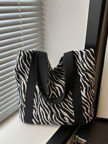 Fashionable Versatile Zebra Print Tote Bag, Casual Minimalist Textured Contrast Color Shoulder Handbag - Black and White - View 7