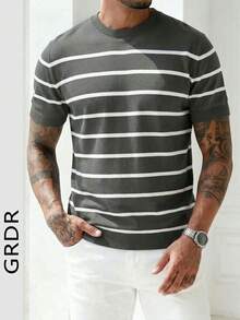 GRDR Men's Summer Knit Striped Short Sleeve Shirt, Suitable For Summer Vacation Casual Wear - Dark Grey - View 6