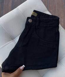 Black Denim Shorts Without Belt, Women's Casual High-Waisted Denim Shorts With Embroidery, Natural Denim Shorts For Teenagers, Beltless. - 黑色 - 查看 2