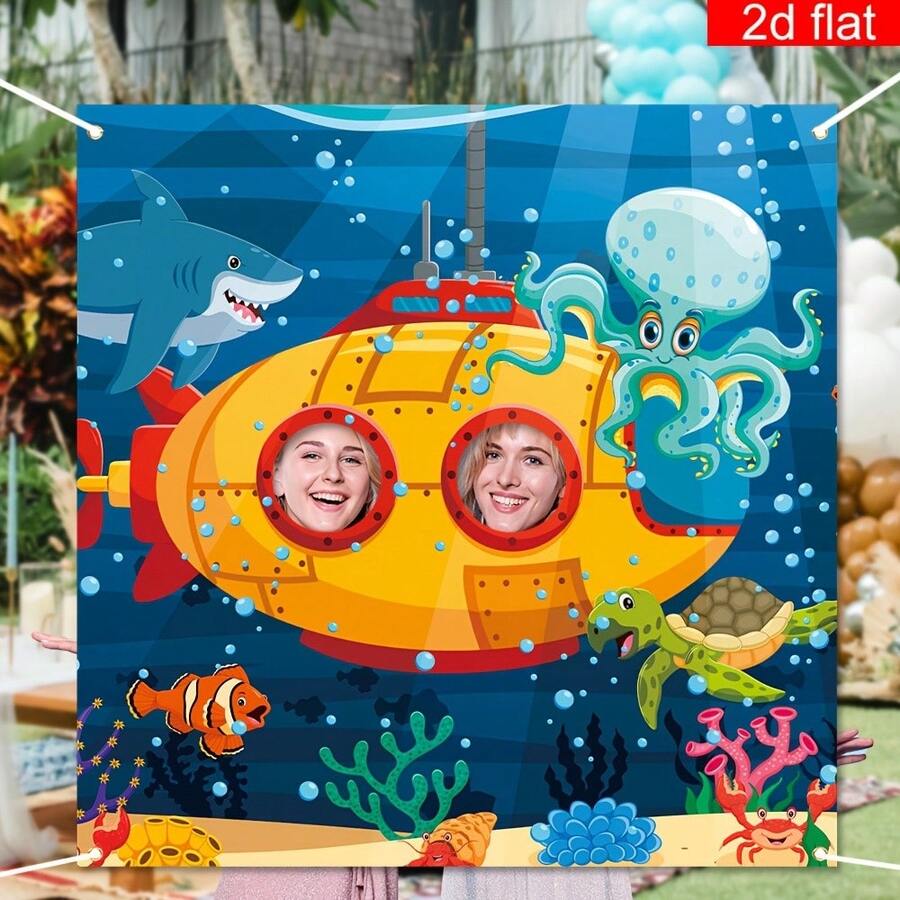 2D高清设计，深海探险主题海洋生物潜水艇横幅，潜水艇镂空挂布，卡通鲨鱼、章鱼、海龟图案，蓝色海洋氛围，梦幻般的海底世界，充满童趣，适合儿童生日派对、迎婴派对、幼儿园活动、亲子派对、室内装饰 - A - 查看 1