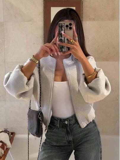 [Spring/Summer Style] Best-Selling New Arrivals Simple Versatile Daily Solid Color Zip-Up Short With Pockets, Soft Zip-Up Long Sleeve, Women Casual Full Set Long Sleeve Outerwear, Autumn/Winter Spring