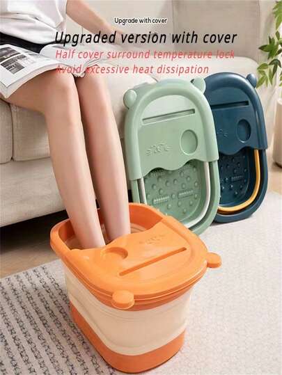 1pc Foldable Portable Foot Bath Basin With Massage Holes, Made Of Durable Plastic, Available In Three Colors: Gray, Green, And Orange. It Features A Multifunctional Plastic Bucket With A Cat Ear Lid And Handles, Suitable For Foot Baths, Foot Spas