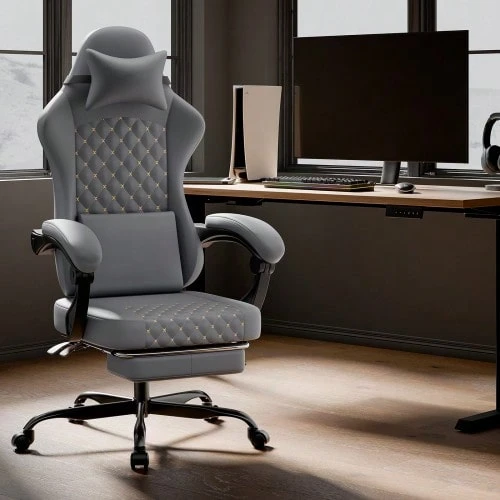 PVC Leather Gaming Chair, Gaming Chair With Massage Pedals, Ergonomic Computer Chair, Gaming Chair, Office Chair, 150 Kg Load Capacity, Grey - Grey - View 1