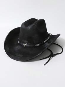 1 pieza Sombrero de vaquero vintage con cuerda a prueba de viento y ala con diseño de cabeza de toro pintada con degradado, estilo occidental europeo y americano, fedora minimalista y versátil, adecuado para uso diario, fiestas, eventos con temática occidental, reuniones, cosplay, ceremonias de graduación, bailes de máscaras, festivales, cumpleaños, conciertos, excursiones y campamentos al aire libre, verano, playa, vacaciones - A - Ver 3
