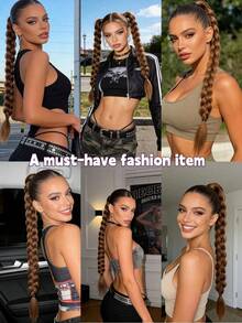 Synthetic Long Twist Braid Ponytail Extensions With Rubber Band 24 Inch Boxing Braided Hair Extensions For Women Daily Use,Braided Long Ponytail Extensions With Elastic Band Hair Black Brown Blonde Braids Pony Tail Hair,Girls Daily, Music Festival - Multicolor - View 6