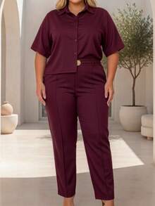 Women's Plus Size Set - Elegant Shirt And Pants - 酒紅色 - 查看 2