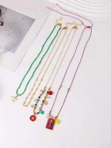 4pcs Bohemian Handmade Beaded Colorful Square Fish & Starfish Pendant Multilayer Necklace Set For Women, Suitable For Daily, Party, Beach, All Seasons  Boho    Zinc Alloy - Nhiều màu - Xem 3