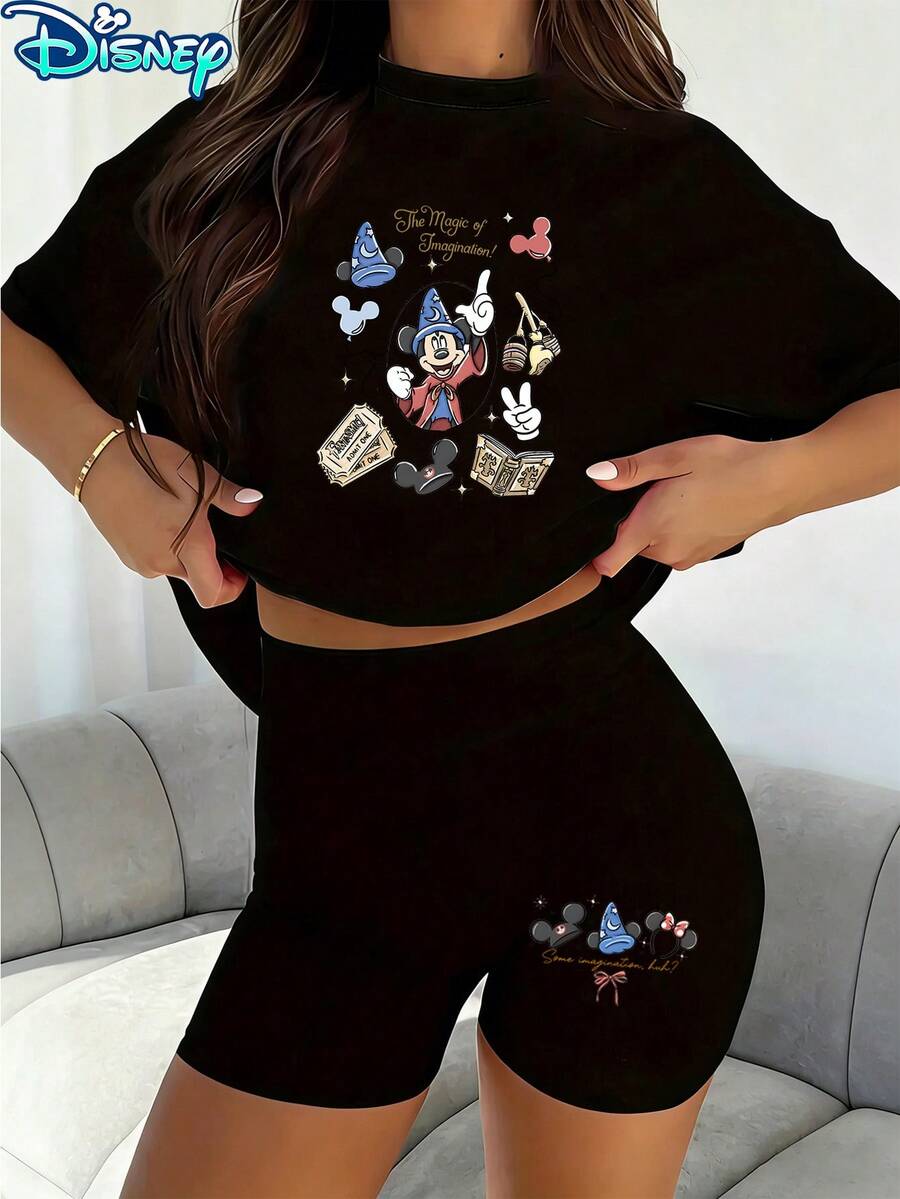 Disney Sorcerer Mickey Magic Of Imagination Printed Casual Set, Women's 2pcs Short Sleeve T-Shirt And Shorts Set, Magical Character Printed Tee And Shorts Set, Suitable For Daily Leisure And Outdoor - màu đen - Xem 1