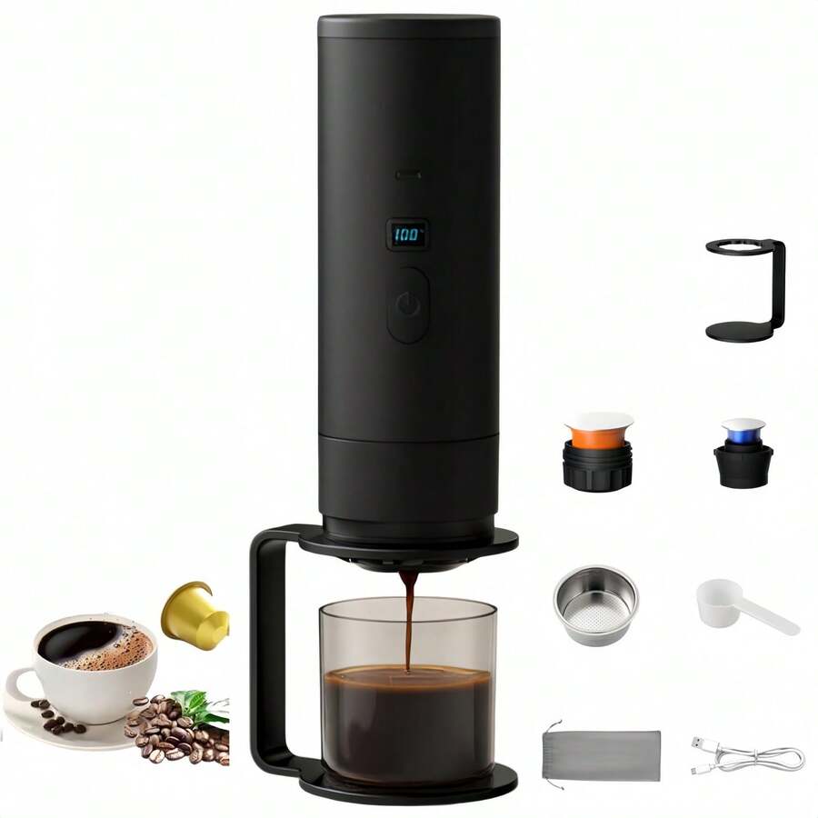 1pc Portable Capsule Coffee Machine, LED Display, USB Charging, Suitable For Coffee Powder And Capsules, Electric Coffee Machine Perfect For Travel, Outdoor And RV Use. Capsule Coffee Machine