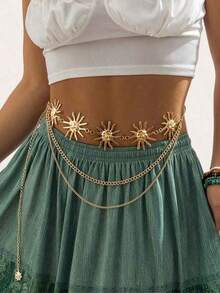 1pc Women's Fashionable Gold Metallic Sunflower Chain Waist Belt, Casual Tassel Flower Body Chain Accessory Fall, Autumn, Halloween - 金子 - 查看 12