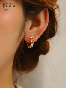 Hihho 1 Pair Rainbow Heart Hoop Earrings, Silver/Gold Plated, Luxury European Style Inlaid Zirconia Earrings, Sweet Elements With Colorful Gems, Versatile For Gifting, Commuting And Dating - Heart-shaped Earrings - View 2
