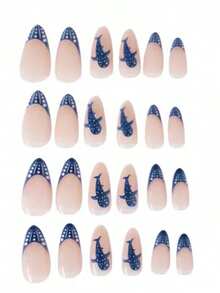 Press One Acrylic Nails INS Style Light Blue Polka Dot Oval Press-On Nails, Black Dot Graffiti Fake Nail Set, Fresh And Gentle Commuter Nails - Multicolor - View 2