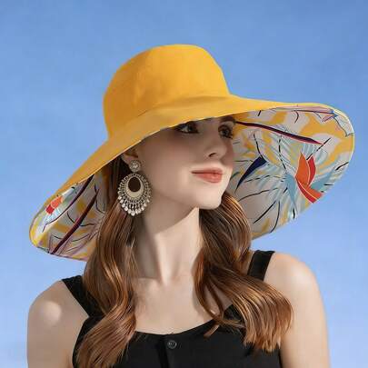 1pc Wide Brim Reversible Printed Foldable Lightweight Sun Hat For Women