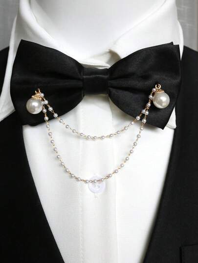 1件黑色链条串珠领结，适合演出、派对、婚礼、休闲场合佩戴