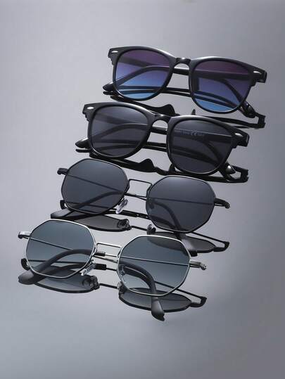 4 piezas Gafas de plástico geométricas con montura completa, de estilo moderno y sencillo, adecuadas para el verano, conducir, la vida diaria, acampar, la fotografía callejera, vacaciones, salidas familiares, actividades al aire libre y casuales, apropiadas para todo tipo de formas de rostro