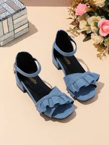 1 Pair Blue Plus Size High Heel Sandals For Female Students, Soft Fabric With Ruffled Skirt Trim, Metal Buckle Decor, Rhinestone Accents, Classic Minimalist Design, Open Toe Chunky Heel, Suitable For 3-15 Years Old Girls Daily, Casual, Hosting, Dancing, Festivals, Vacation, Spring/Summer New Arrival - Blue - View 3
