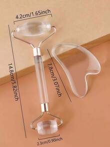 2pcs Resin Massage Roller Set - Double-Headed Massage Roller + Gua Sha Board, Eye & Face Massage, Facial Massage Tools, Envelope Bag Packaging - Clear - View 2