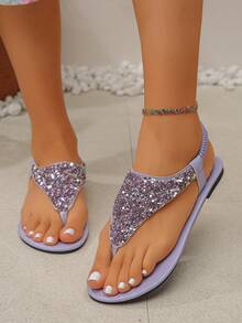 Plus Size Solid Color Sequin Thong Flat Sandals, Fashionable Shiny Purple Bottom Purple Sequin Sandals For Spring/Summer, Elegant Versatile Daily Wear & Outdoor, Mother's Day Gift - Light Purple Base With Purple Glitter - View 5