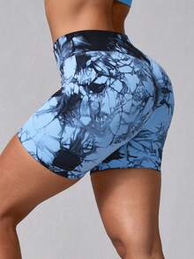 NcmRyu 1件装 女士高腰无缝弹力扎染运动修身短裤 - 藍色 - 查看 9