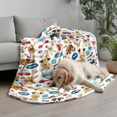 Chăn ấm áp và thoải mái cho thú cưng, định lượng 280gsm, phù hợp với mọi giống chó và mèo - Họa tiết in hình chó trên nền trắng, có thể giặt máy, dùng được ở nhà, trên xe hơi, ngoài trời, mọi mùa.