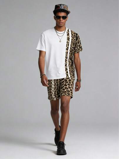 男士白色豹纹条纹短袖T恤+豹纹短裤两件套，街头休闲装，透气舒适，街头潮流必备单品