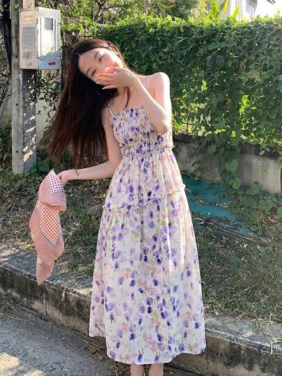 Đầm hai dây midi họa tiết hoa nhí giản dị dành cho nữ